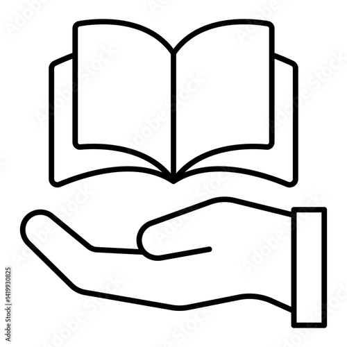 Book with hand palm thin line icon, translate worker holiday concept. Vector graphics. Opened textbook and hand sign on white background, linear style for mobile or design.
