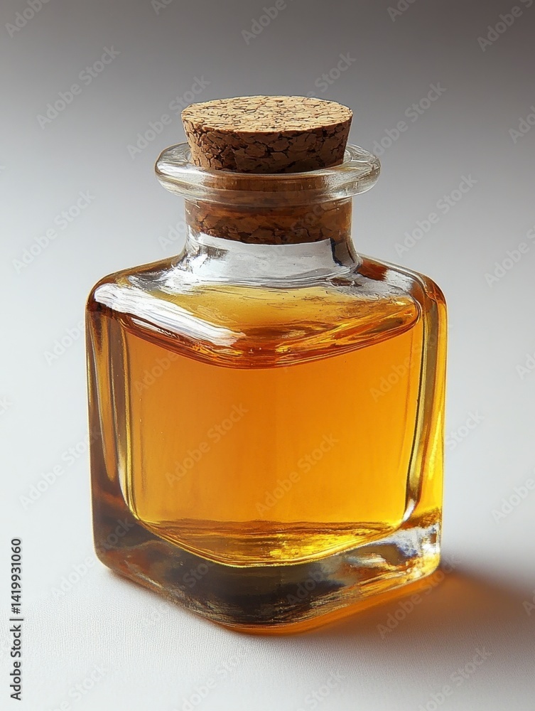 Amber liquid in a square glass bottle with a cork stopper, set against a neutral background. Amber liquid in a square glass bottle with a cork stopper, set against a neutral background.
