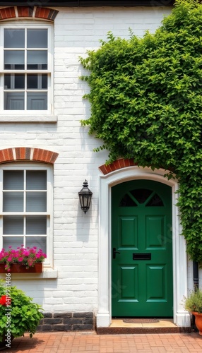 Classic English cottage facade  whitewashed brick  charming windows  lush green door  roof  style