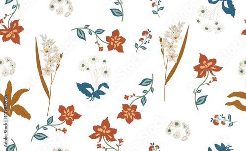 Seamless flower pattern. Textile print and hand flower pattern design  on the dark blue background. Seamless pattern design for textile. For textile and fashion. Hand flower pattern design. 