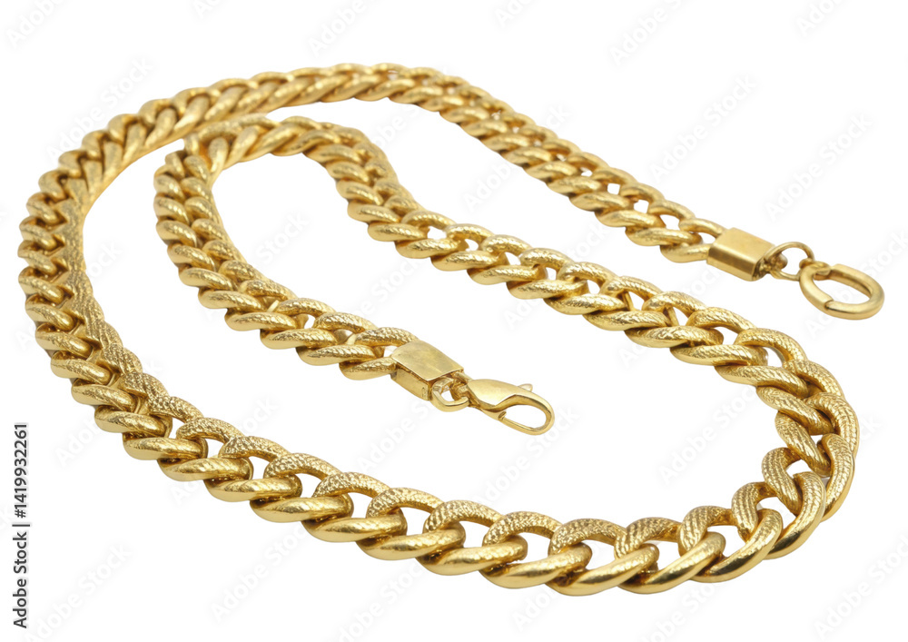 A gold chain with a thick, interlocking design, showcasing its shiny surface against a black background. A gold chain with a thick, interlocking design, showcasing its shiny surface against a black background.