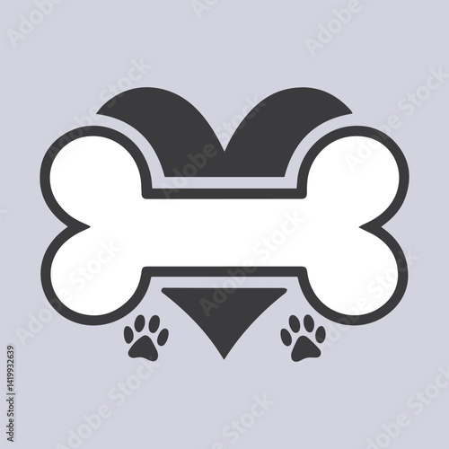 Minimalist Dog Logo – Black and White Stylized Bone with Paw Prints and Geometric Triangular Element in Modern Vector Design