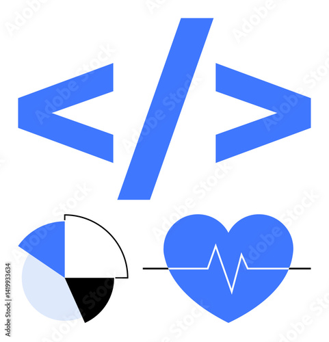Coding angle brackets above a segmented pie chart and a heart with a heartbeat line. Ideal for technology, healthcare, coding, analytics, data, diagnostics, and digital innovation themes. Flat simple