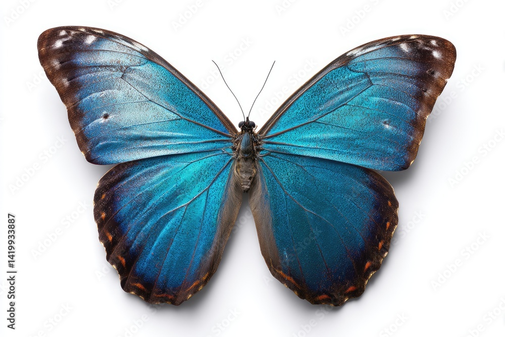 Fototapeta premium Vibrant blue morpho butterfly, wings spread wide.