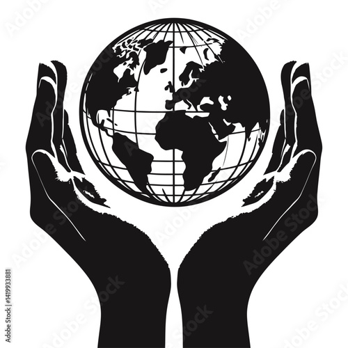 Globe held by two hands silhouette black color logo on white background