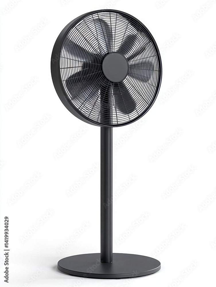 Obraz premium Black standing fan with circular blades on a white background.