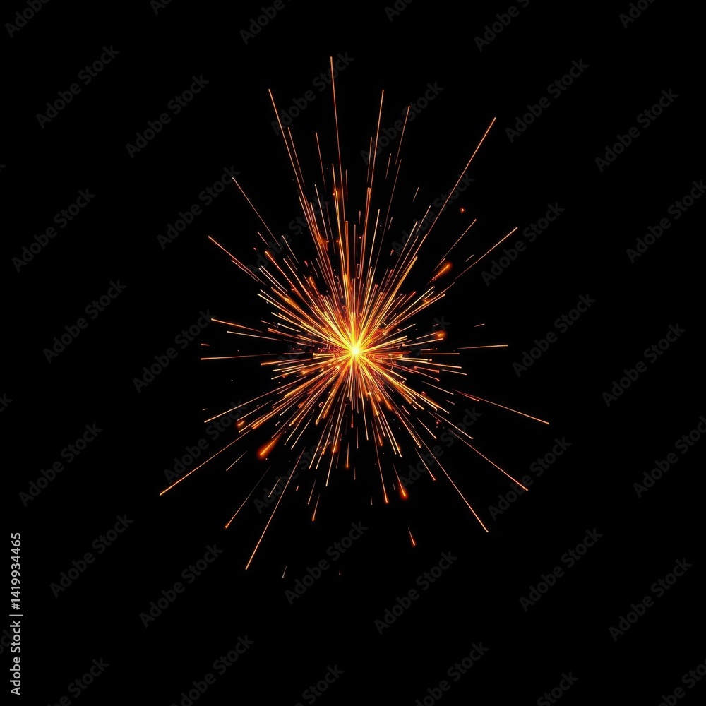 Fototapeta premium Intricate fiery sparks burst against a stark black backdrop, abstract, power