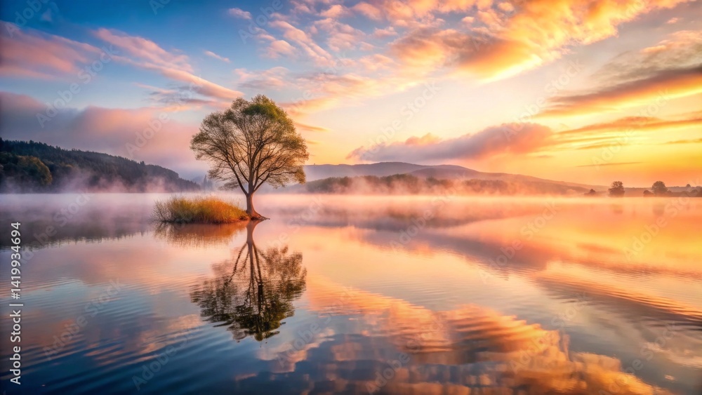 Fototapeta premium Serene Sunrise Solitary Tree Reflecting in Calm Mist-Shrouded Lake Waters at Dawn