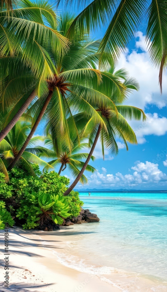 Fototapeta premium Lush tropical beach with turquoise water and white sand, palm trees swaying gently, heaven, peaceful, vacation