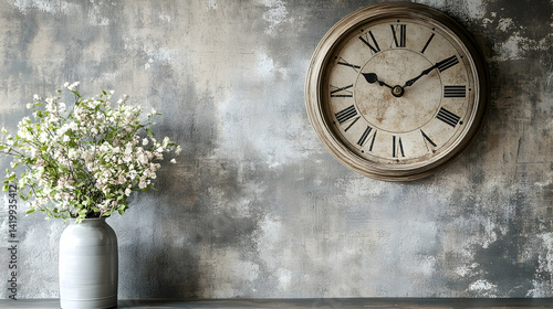An aged antique clock mounted on a textured wall, capturing the beauty of time