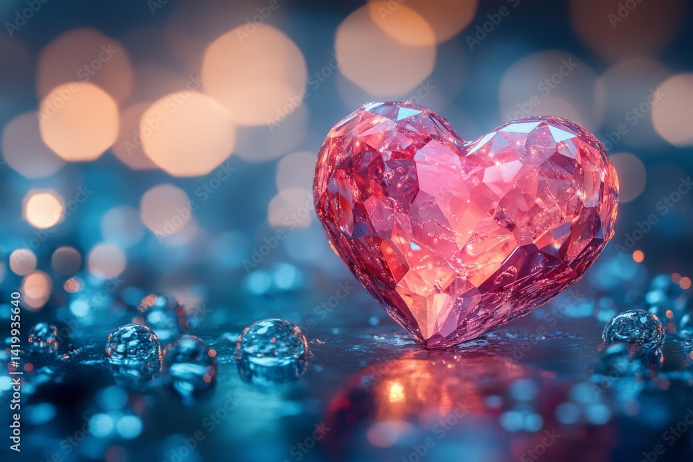 On a dark surface, a crystal heart reflects light and is set against a warm, blurred bokeh background On a dark surface, a crystal heart reflects light and is set against a warm, blurred bokeh background