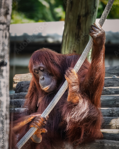 A baby orangutan is holding a stick in its mouth