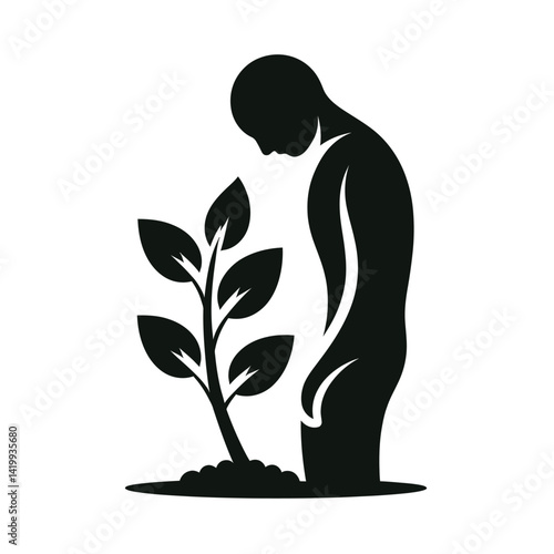 Human figure growing from a plant silhouette black color logo on white background 