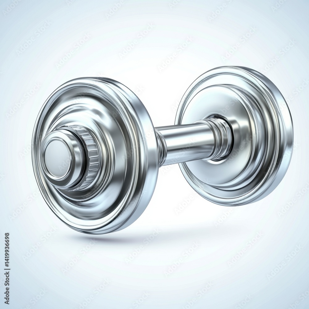Obraz premium Chrome dumbbell on a light background. Fitness equipment. 3D rendering.
