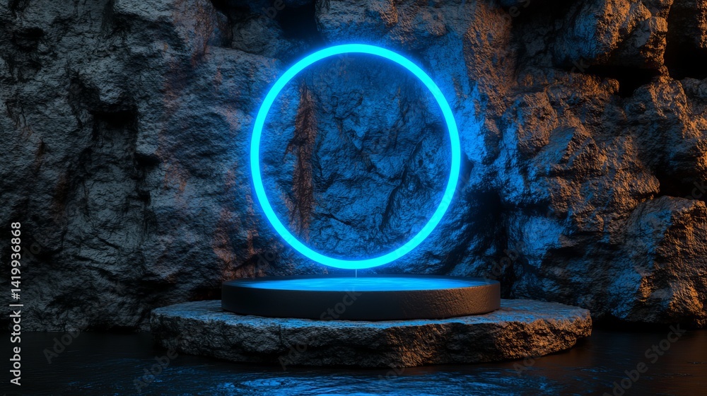 Obraz premium A modern interior setting features a round platform situated against an illuminated blue circle backdrop for display purposes