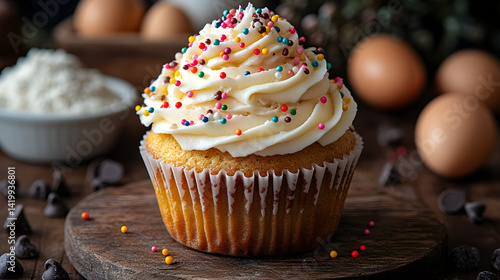Close-up of a cupcake with colorful sprinkles, topped with swirls of frosting, surrounded by ingredients like flour, eggs, and chocolate chips on a wooden countertop