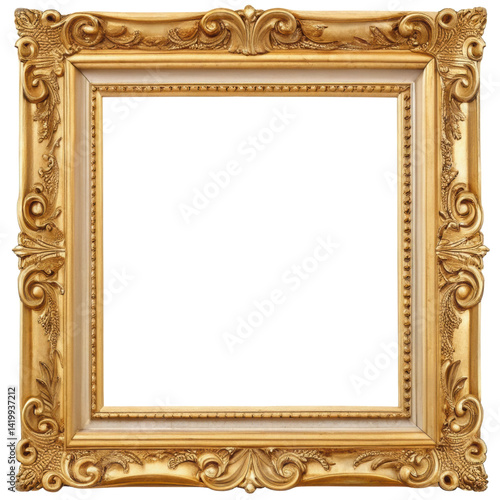 Ornate golden picture frame with intricate detailing, designed to hold artwork or photographs, showcasing a classic and elegant style.