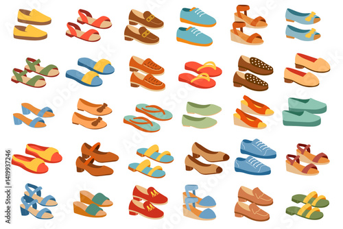 Big set of summer shoes. Trendy summer shoes.