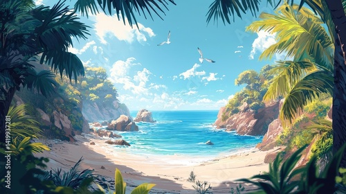 Tropical paradise beach cove framed by lush foliage.