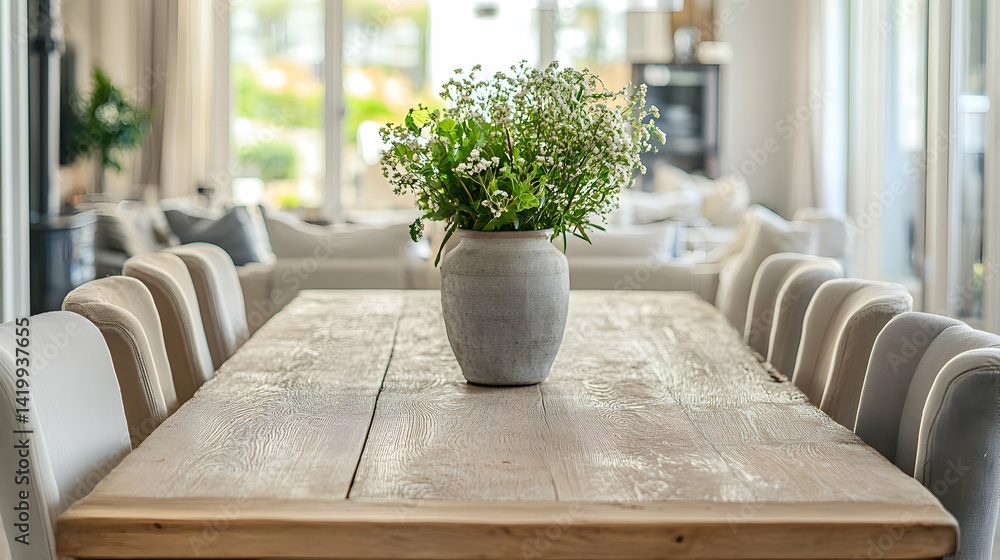An artisanal wooden dining table with upholstered chairs in neutral tones An artisanal wooden dining table with upholstered chairs in neutral tones