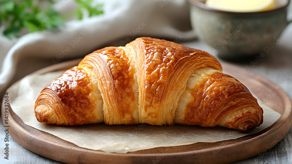 Close-up of a flaky croissant with golden-brown layers, resting on a parchment paper with a soft focus, a cup of coffee and a vintage butter dish in the background Close-up of a flaky croissant with golden-brown layers, resting on a parchment paper with a soft focus, a cup of coffee and a vintage butter dish in the background