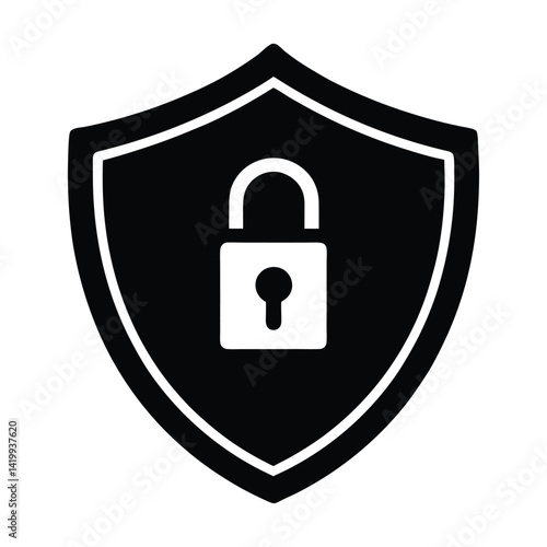 Silhouette of a lock overlaid on a shield on white background