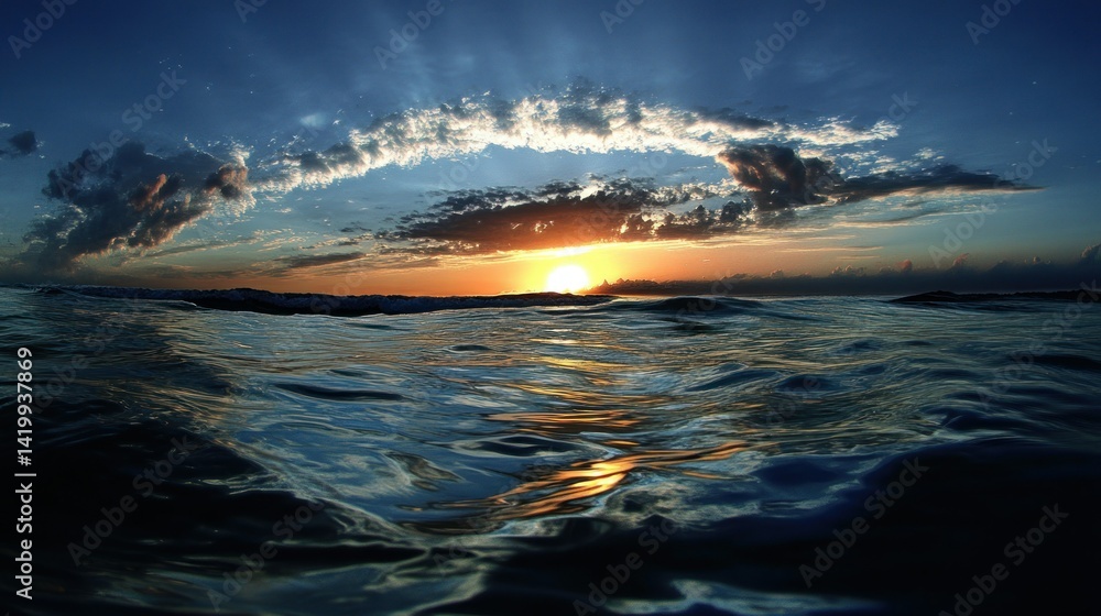 Naklejka premium A beautiful ocean sunset illuminates the water and cloudy sky