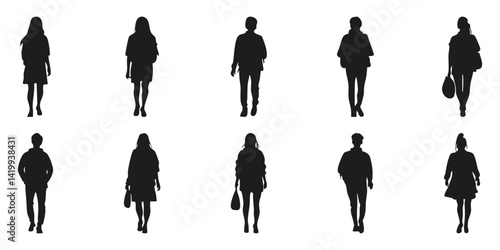Silhouettes Of People Walking Forward Set. Urban Lifestyle And Fashion Concepts Isolated Vector Illustration Collection