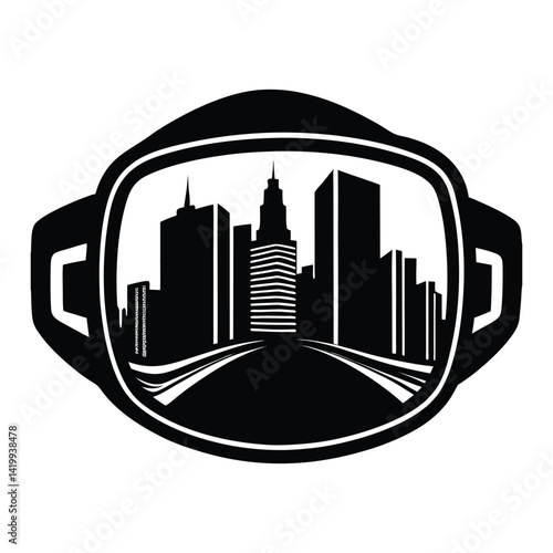 Silhouette of a VR headset with a cityscape reflection on white background