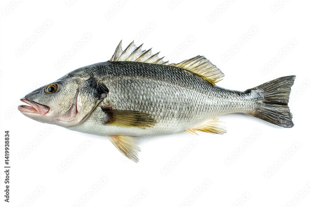 Fototapeta premium Fresh gray fish, whole, lies on a white background.