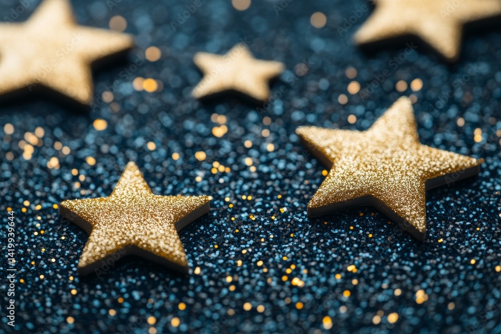 A magical atmosphere is created when golden stars and bokeh lights are scattered over a dark glittery surface A magical atmosphere is created when golden stars and bokeh lights are scattered over a dark glittery surface