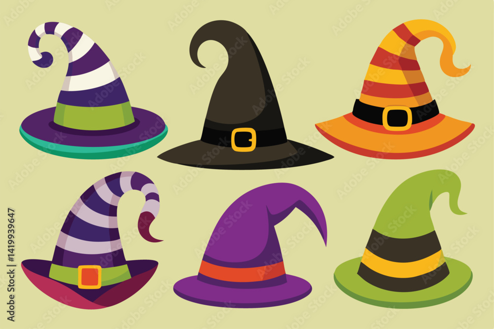 Wizard spooky hats set. Halloween witch hats, Halloween party costume elements flat vector illustrations set. Wizard spooky hats set. Halloween witch hats, Halloween party costume elements flat vector illustrations set.