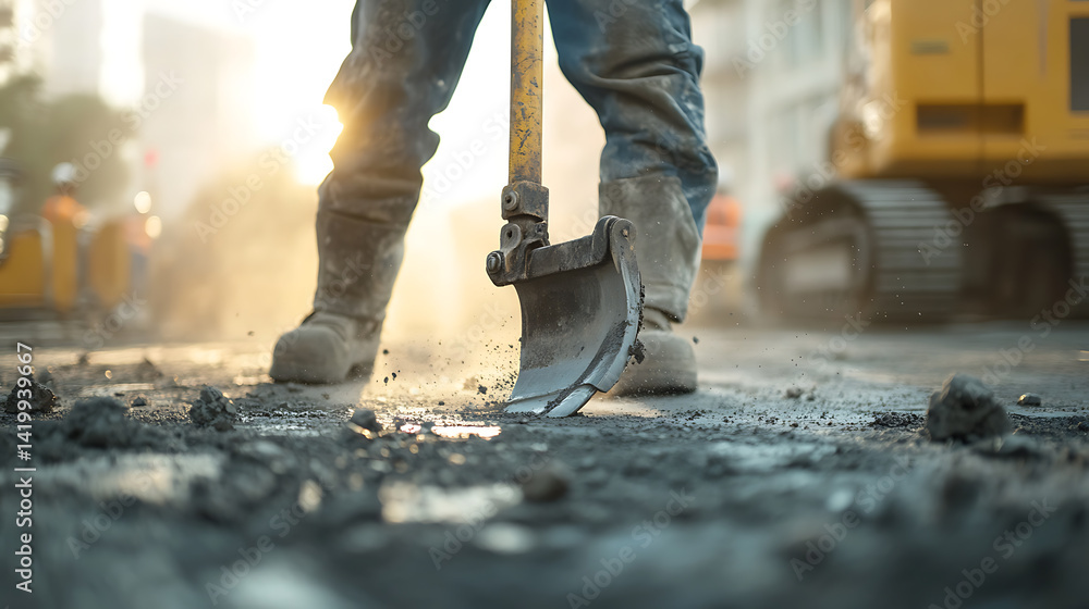 Construction worker using jackhammer on pavement. Featuring strength and focus Construction worker using jackhammer on pavement. Featuring strength and focus
