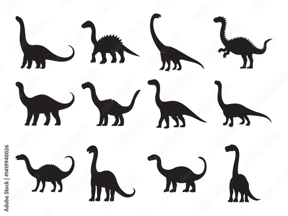 Set of long necked dinosaur vector silhouette Set of long necked dinosaur vector silhouette
