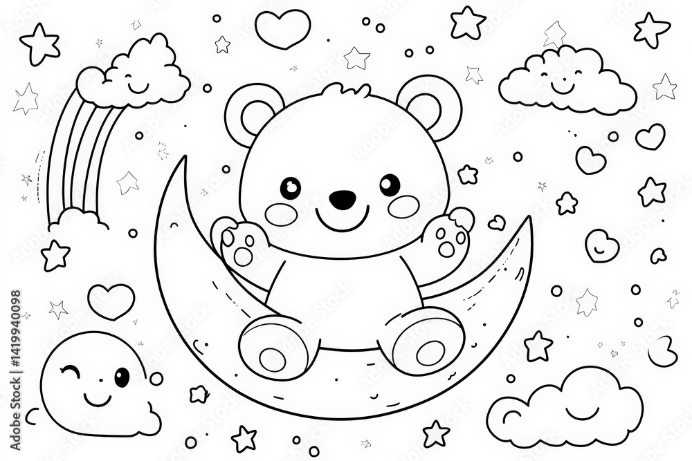 Fototapeta Black and white line art of a cute cartoon bear sitting on the moon, surrounded by clouds, stars, and hearts in a night sky. Adorable kids coloring page or bedtime theme art.