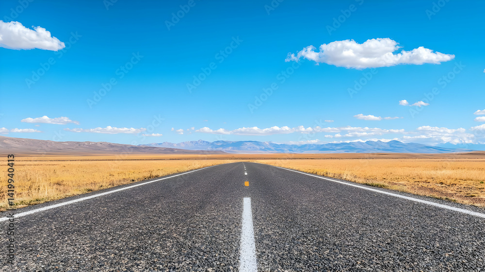 Naklejka premium Open Road Through Dry Desert Landscape Under Blue Sky