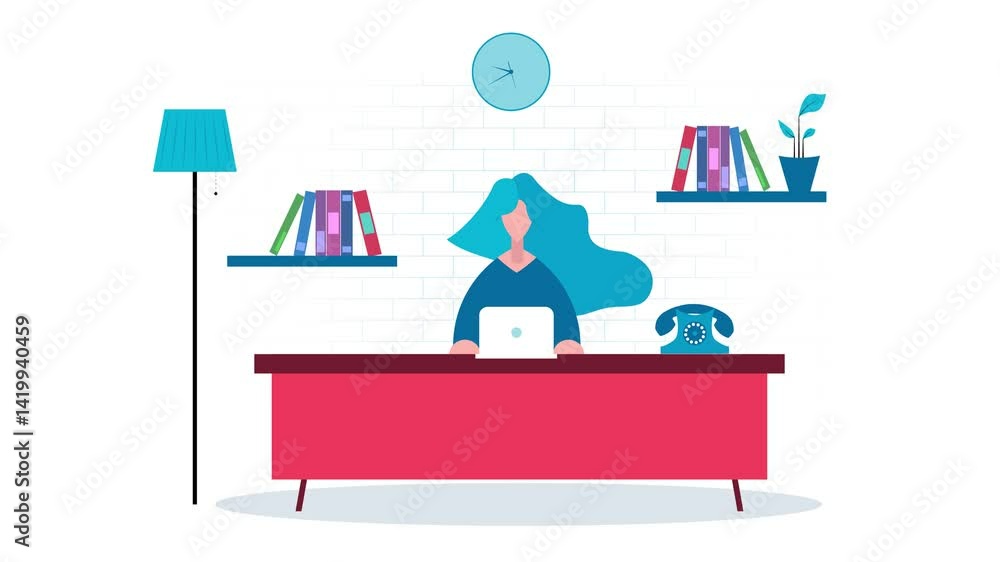 video, 4k, figura, ragazza che lavora in ufficio, seduta alla scrivania, ufficio, lavoro