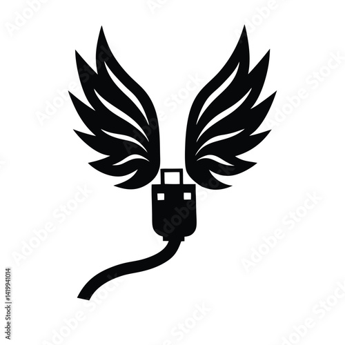 USB plug with wing silhouette on white background