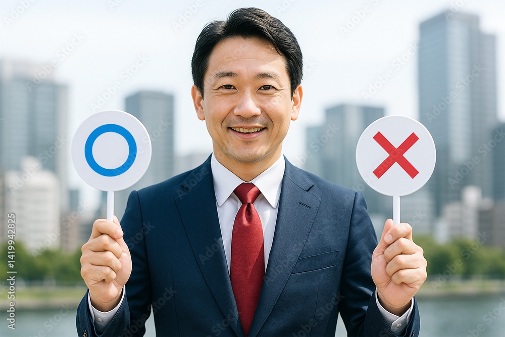 都会で〇×を掲げる日本人ビジネスマン