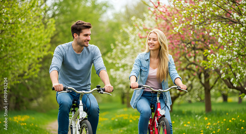 A happy couple enjoying a bike ride in a vibrant spring park, surrounded by blooming trees and greenery.