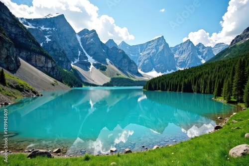 Azure lake mirrors snow-capped peaks, vibrant green meadow surrounds , outdoor, rocks, alpine