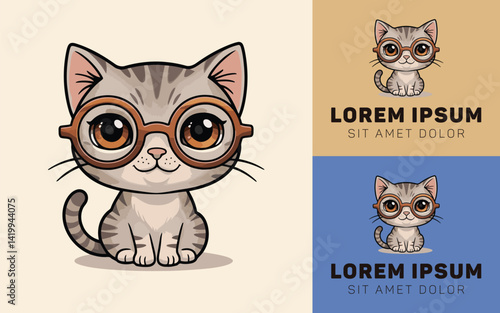 Adorable Cartoon Cat Logo Wearing Big Nerdy Glasses