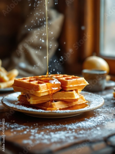 Freshly made Belgian Waffles Poured with Sweet Maple Syrup on a Decorative Plate, Breakfast Treat