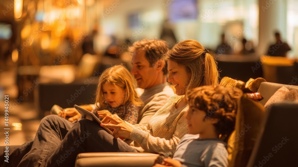 A family of four is sitting on a couch, each of them using a tablet A family of four is sitting on a couch, each of them using a tablet