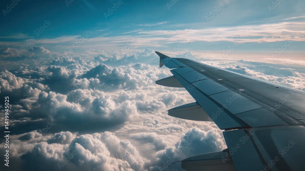 Obraz premium Airplane Wing Above Puffy Clouds