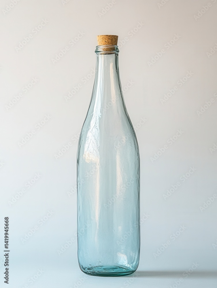 Empty clear glass bottle with a cork stopper against a light gray background. Empty clear glass bottle with a cork stopper against a light gray background.