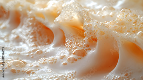 Close-up of golden foamy water lapping over a textured surface with reflections in warm light