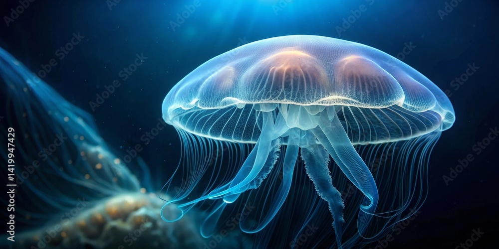 Mesmerizing underwater scene featuring a translucent jellyfish, gracefully floating in the deep ocean's blue embrace, its tentacles trailing elegantly. Mesmerizing underwater scene featuring a translucent jellyfish, gracefully floating in the deep ocean's blue embrace, its tentacles trailing elegantly.