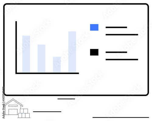 Bar chart analytics on screen representing warehouse inventory trends and comparisons. Includes small warehouse icon. Ideal for business analysis, logistics, supply chain, planning, data management