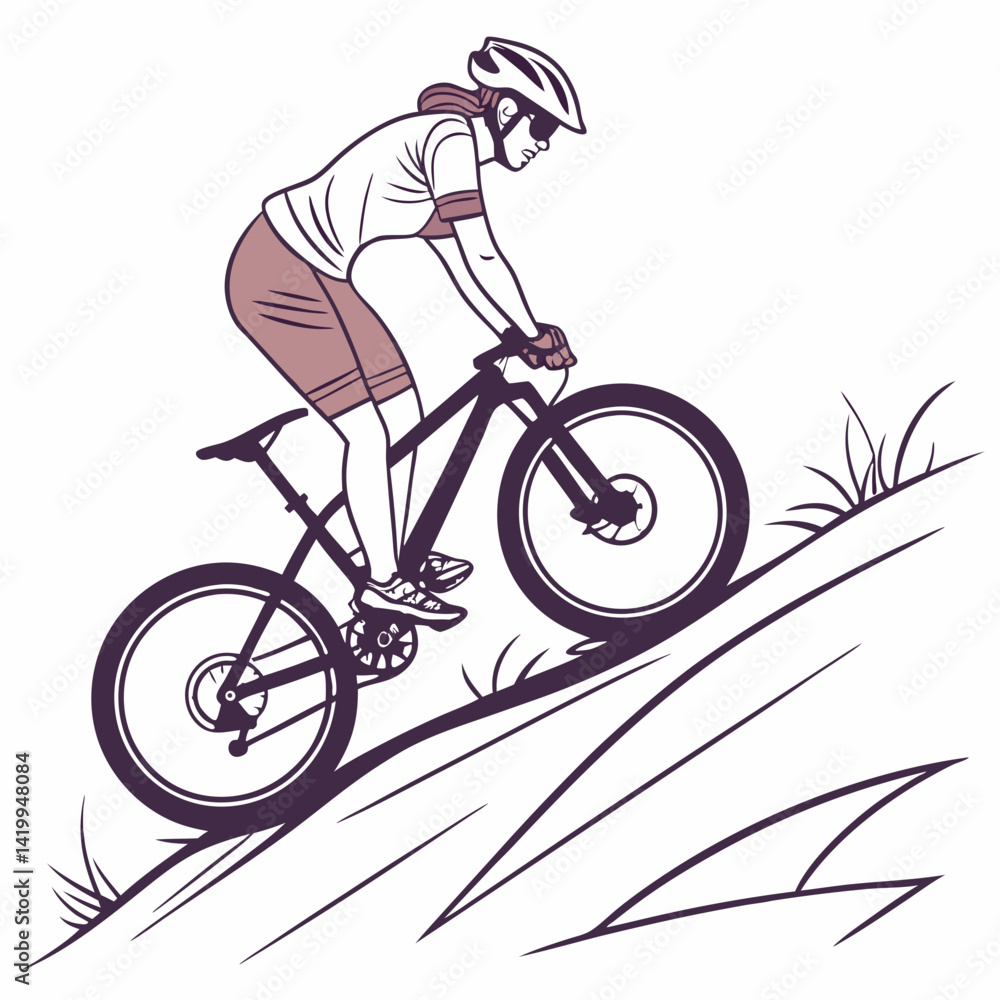 Naklejka premium Female Mountain Biker Riding Downhill In Outline Style Vector Illustration